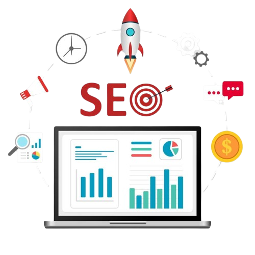 seo design with rocket and elements around laptop vector removebg preview